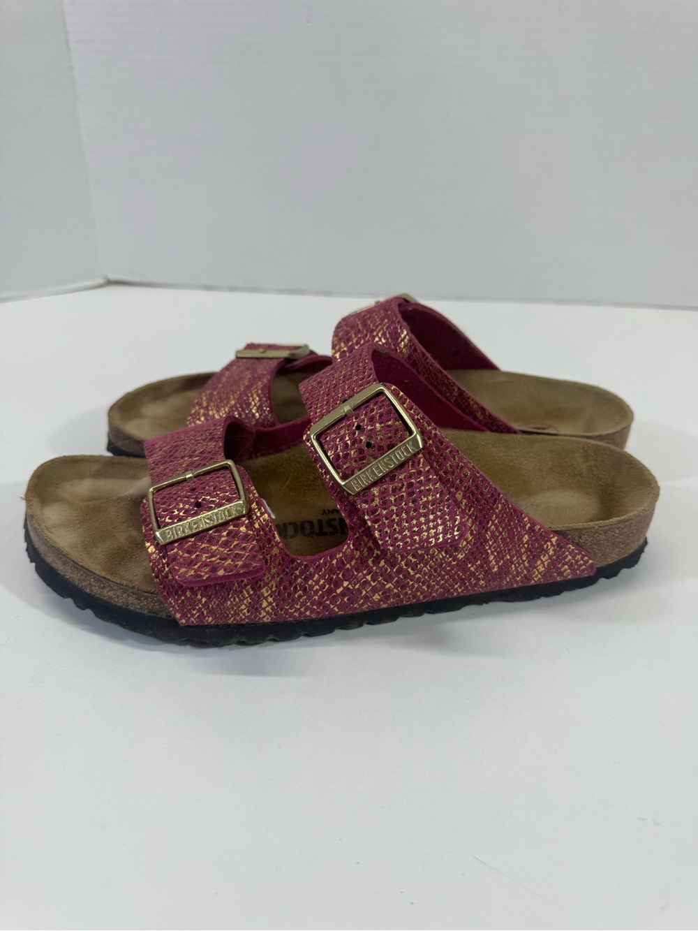 Birkenstock 41 Arizona Metallic Pink & Gold Snake-Print Sandals Womens 10 - Picture 4 of 9